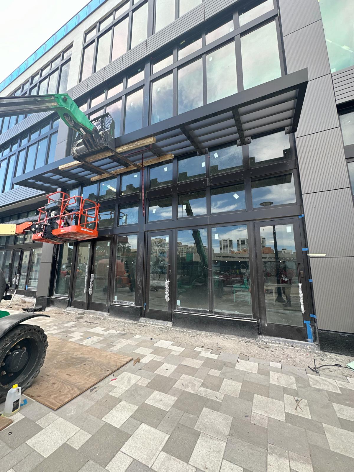 Architectural sunshade installation at 575 Downtown in West Palm Beach