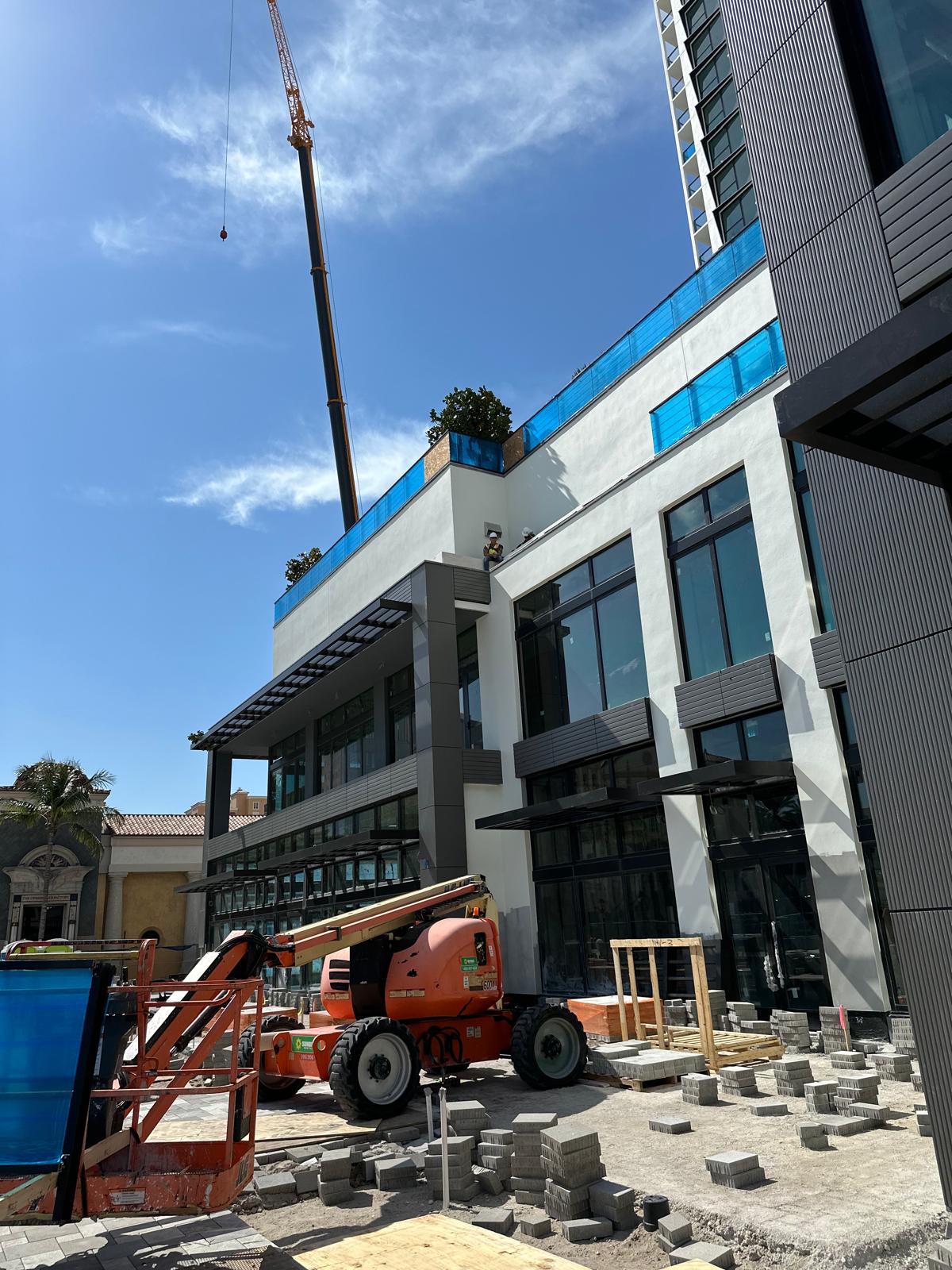 Exterior elevation with architectural sunshade systems at 575 Downtown